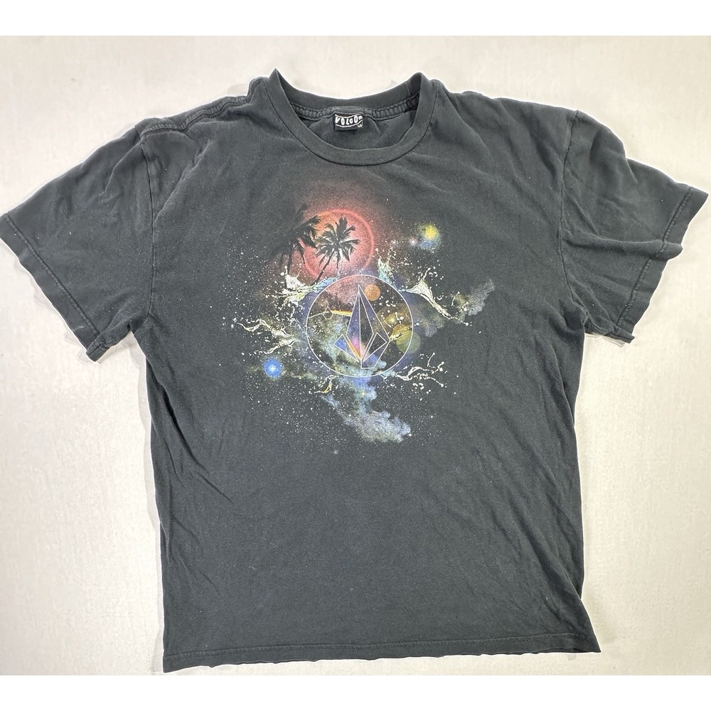 Volcom Cosmic Logo Graphic T-Shirt Black Palm Trees Space Art Sz L 22x28
